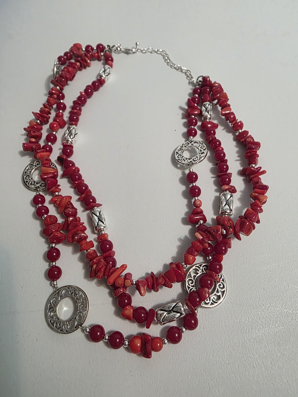 Premier Designs Red Beaded Necklace And Bracelet with Silver Accents